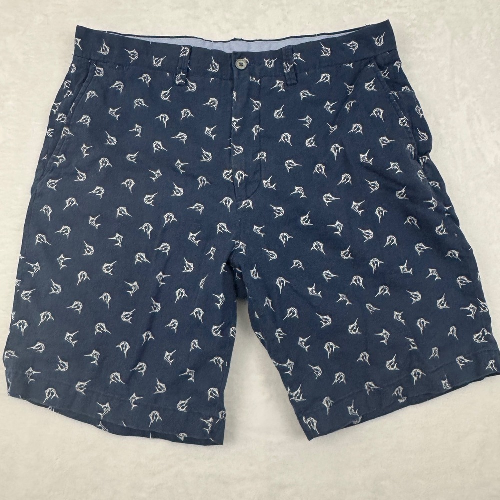 Polo Ralph Lauren Mens Navy Marlin Embroidered Linen Cotton Shorts 34 Classic